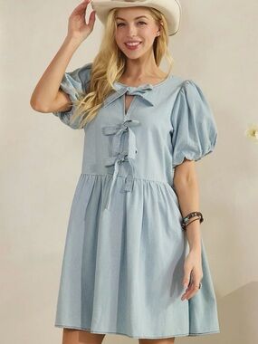 New Sage+Fig Light Blue Tie-Front Puff Sleeve Mini Dress S/M/L
